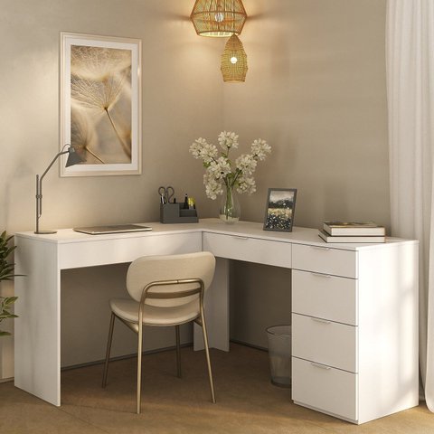 Escrivaninha em L com Mesa Escritório 5 Gavetas 152cm Branco