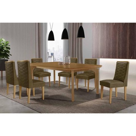 Sala de Jantar Completa Londrina C/ Tampo Madeirado Canto Curvo 180x90cm e 6 Cadeiras Dafne Naturale