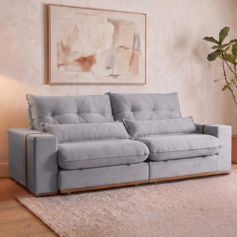 Sofá Retrátil Reclinável 250 cm Malta Veludo Cinza Claro Yescasa