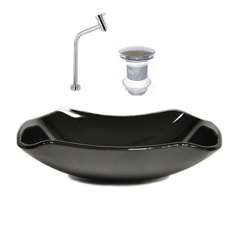 Cuba de Vidro Abaulada 51cm Preto + Valvula + Torneira