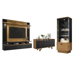 Sala de Estar Brandon com Home Suspenso, Buffet Aparador e Cristaleira Carvalho Intense/Preto - PR M - 1