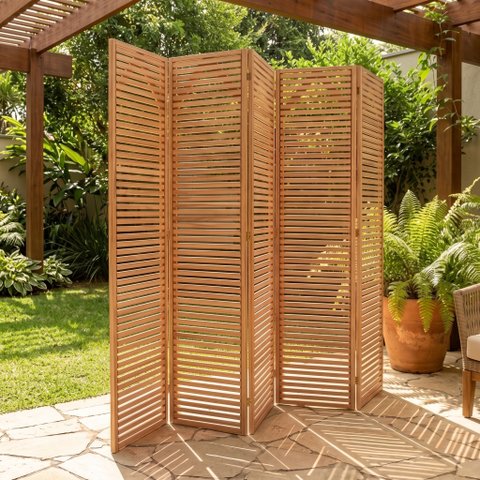 Biombo 5 Folhas de Madeira Maciça Ripado Sanfonado 250cm para Jardim e Varanda Natural Liver