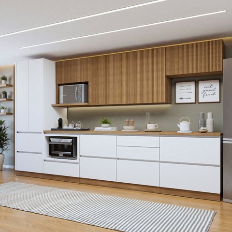 Cozinha Completa Modulada 7 Peças 9 Portas 7 Gavetas com Rodapé Norten Branco/Nature