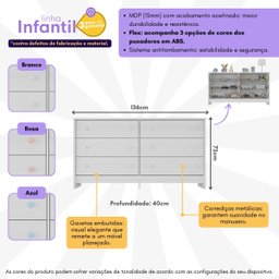 Cômoda Infantil 136cm com 6 Gavetas Flex Multimóveis Mp4262 Branco - 3