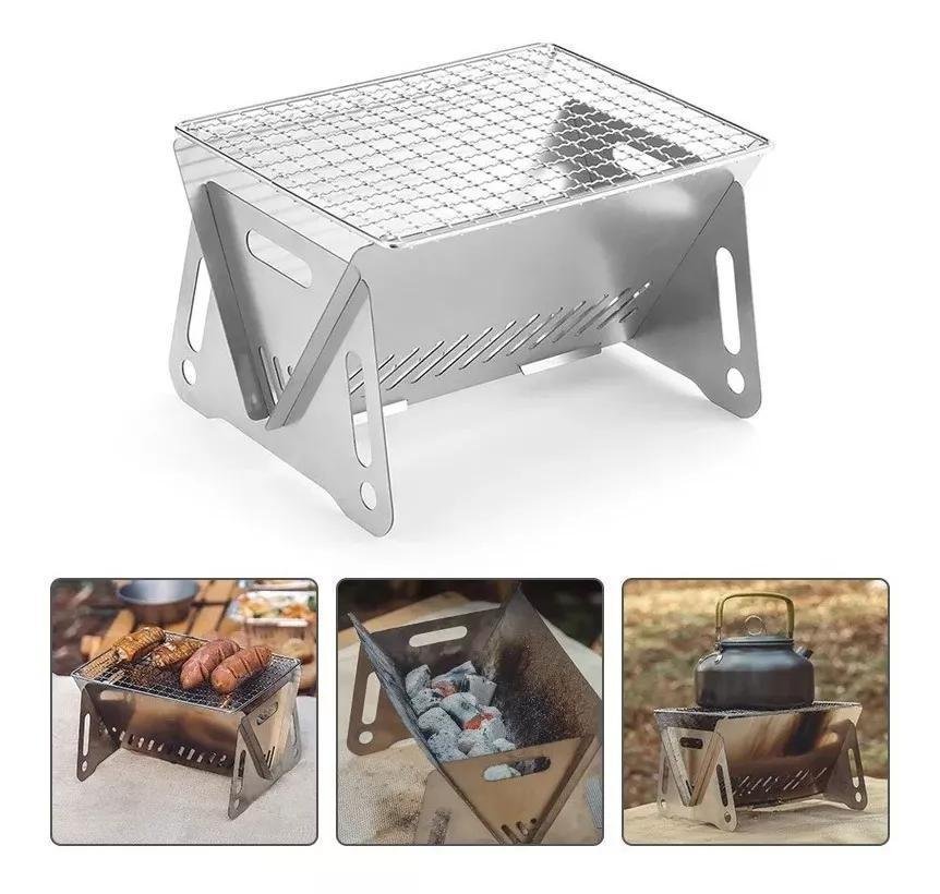 Mini Churrasqueira com Grelha Portátil Brasa Espeto Camping - 1
