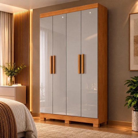 Guarda Roupa Solteiro 100% MDF 4 Portas 2 Gavetas Sergipe Nature/Off White Bianchi