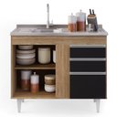 Ver imagem 3 de Balcão Gabinete Com Pia Inox 100cm 3 Portas 2 Gavetas Luziania Castanho/Preto - Lumil Móveis