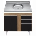 Ver imagem 1 de Balcão Gabinete Com Pia Inox 100cm 3 Portas 2 Gavetas Luziania Castanho/Preto - Lumil Móveis