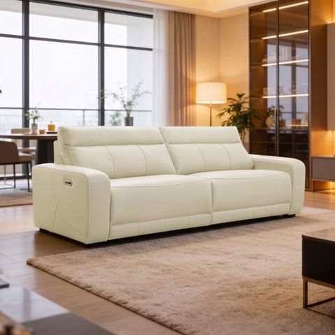 Sofá 3 Lugares Rettrátil Reclinável Elétrico 254cm Mazi L06 Couro Off White - Lyam Decor
