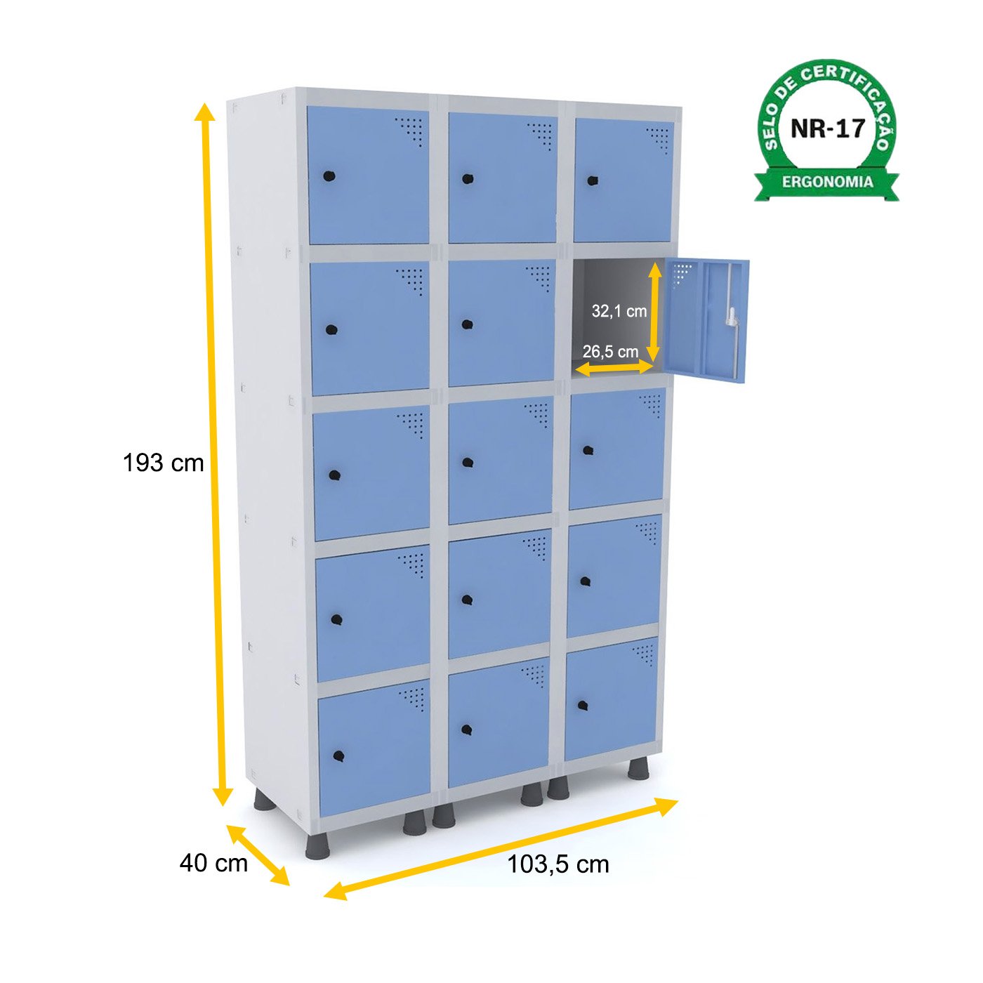 ROUPEIRO DE AÇO 3M 15 PORTAS PITÃO PANDIN - CINZA/AZUL DALÍ GRP 503/15 DI - 2