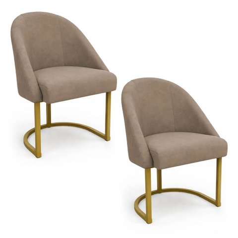Kit 02 Cadeiras Poltrona de Jantar Lua Suede Capuccino Base Ferro Dourado Dal Poz Estofados