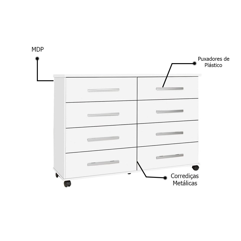 Cômoda Branco 8 Gavetas Móveis Primus Jade 136x44x97 - 3