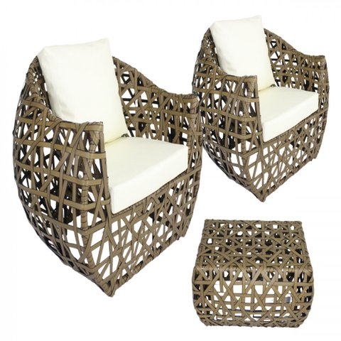 2 Poltronas Dubai e Mesa Puff em Alumínio Área, Edícula, Piscina, Jardim Trama Original