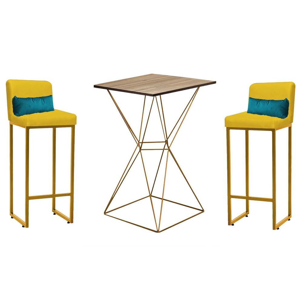 Kit Mesa Bistrô Lucca e 2 Banqueta Lucca Tampo Caramelo Ferro Dourado Suede Amarelo e Almofada Azul  - 1