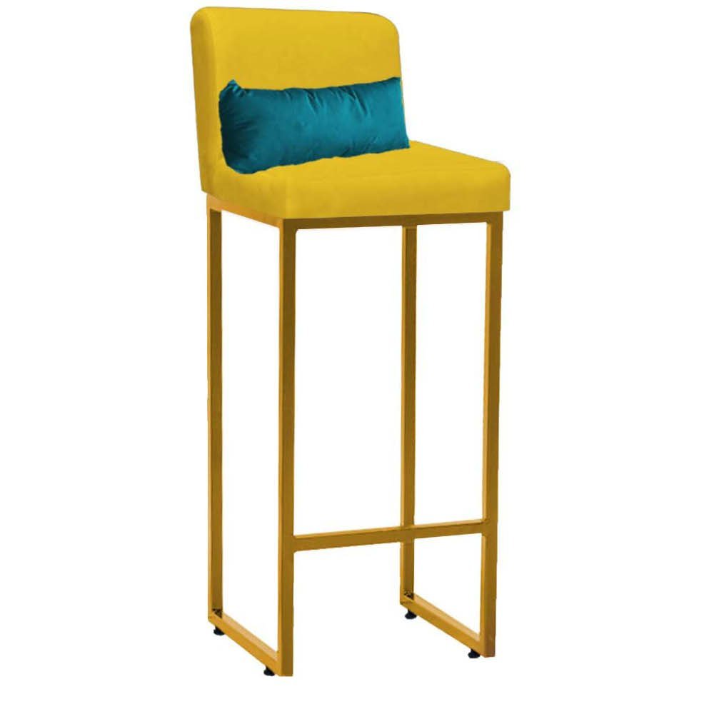 Kit Mesa Bistrô Lucca e 2 Banqueta Lucca Tampo Caramelo Ferro Dourado Suede Amarelo e Almofada Azul  - 3
