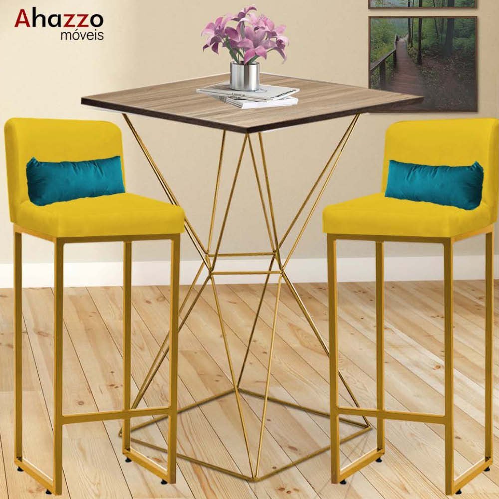 Kit Mesa Bistrô Lucca e 2 Banqueta Lucca Tampo Caramelo Ferro Dourado Suede Amarelo e Almofada Azul  - 2