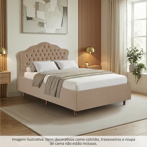Kit Cama Box Casal + Cabeceira Estofada em Madeira Maciça Curva Provençal com Capitonê Bege/Veludo