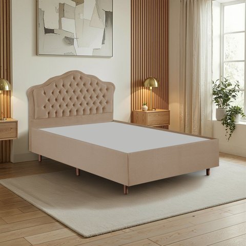 Kit Cama Box Casal + Cabeceira Estofada em Madeira Maciça Curva Provençal com Capitonê Bege/Veludo