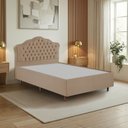 Ver imagem 1 de Kit Cama Box Casal + Cabeceira Estofada em Madeira Maciça Curva Provençal com Capitonê Bege/Veludo