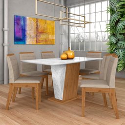 Mesa com 6 Cadeiras Qatar 1,60 Cin/carraro Bra/bege - Móveis Arapongas Cinamo/carraro Branco/bege - 1 Mesa com 6 Cadeiras Qatar 1,60 Cin/carraro Bra/bege - Móveis Arapongas Cinamo/carraro Branco/bege - 1