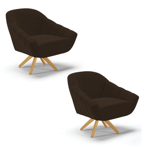 Kit 02 Poltronas Giratória Giovana Suede Base Madeira MA30 - D’Rossi - Marrom