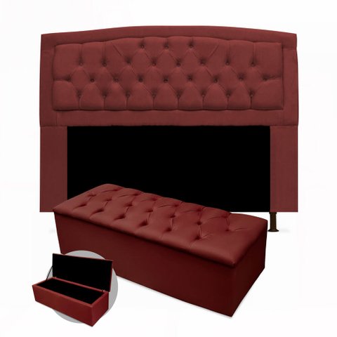 Kit Cabeceira Geovana + Calçadeira Baú Mirage Queen Size 160cm Suede - Ecotec Decor:Vinho