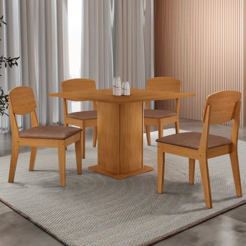 Mesa de Jantar Loren 90cm Tampo Mdf Canto Reto e 4 Cadeiras Copper Moderna Mobília