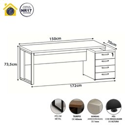 Mesa Diretor Escritório 150cm a 172cm 4 Gavetas Pé Metal F5 - 2 Mesa Diretor Escritório 150cm a 172cm 4 Gavetas Pé Metal F5 - 2