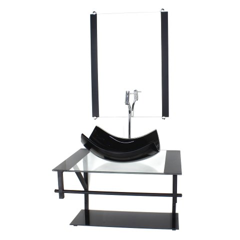 GABINETE DE VIDRO PARA BANHEIRO 60CM AP CUBA RETANGULAR CURVADA PRETO COM TORNEIRA CROMADA