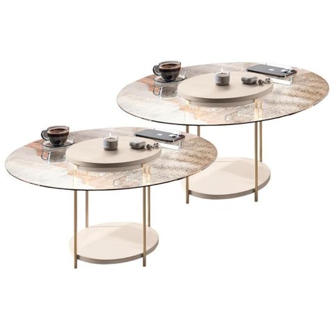 Kit 02 Mesas de Centro para Sala Redonda Tampo Vidro Pés Aço Allure B01 Off White - Lyam Decor