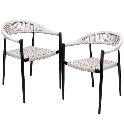 Kit 02 Cadeiras Decorativas Área Gourmet Base Preto Corda Náutica Nevada R01 Amêndoa - Lyam Decor