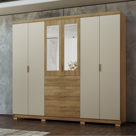 Guarda Roupa Roupeiro Casal Dubai Ouro 6 Portas 4 Gavetas c/ Espelho Nature Fendi Vila Rica