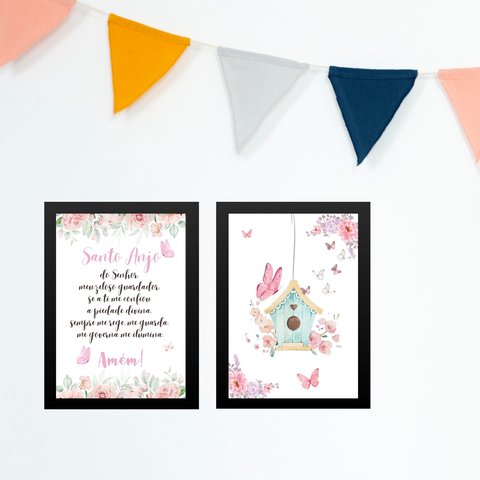 Kit 2 Quadros Infantis Menina Santo Anjo - Borboletinhas 45x34cm:moldura Preta