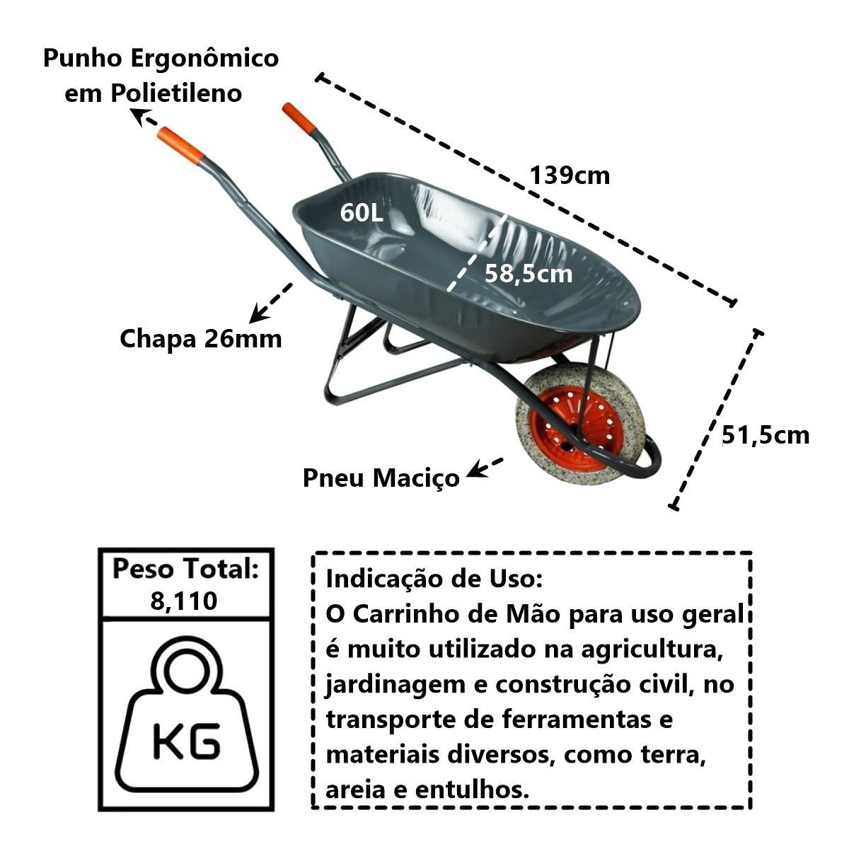 Carrinho de Mão em Aço Carbono Pneu Maciço Chapa 26mm 60l Minasul - 5