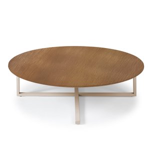 Mesa Centro Papoula em Aço Carbono Dourado Tampo Madeira Âmbar