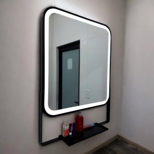 Espelho Led 3 Cores Frio Neutro Quente Retangular 60 X 80 Cm Moldura Prateleira Metalon Preto