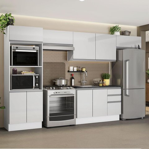 Armário de Cozinha Completa 100% Mdf 350cm Frentes Branco Brilho Acordes Madesa Xa01
