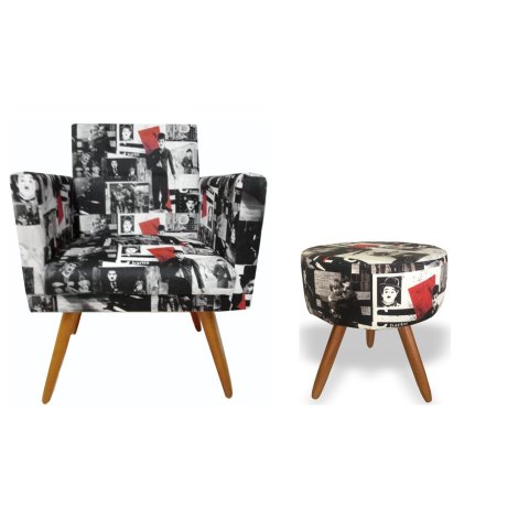 Kit Poltrona Decorativa Bia + Puff Redondo Suede Chaplin Pés Madeira Ms Decor