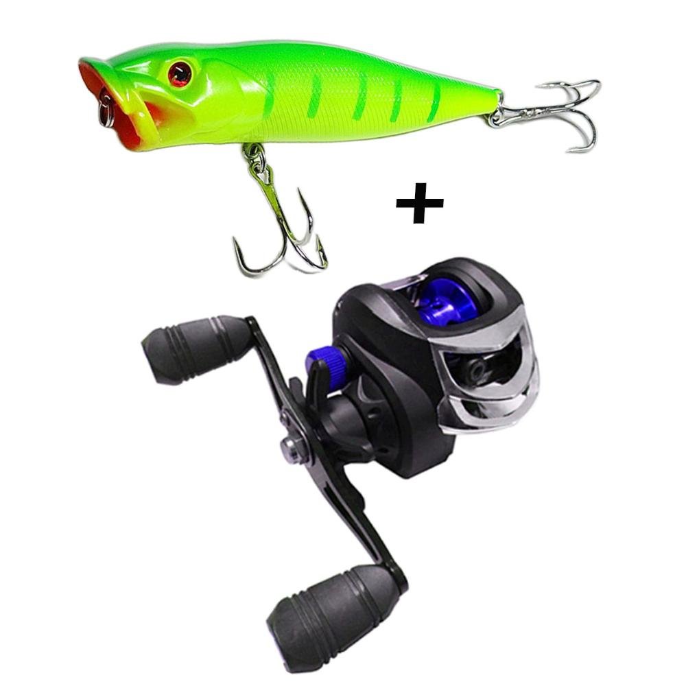 Carretilha Direita LK200 3 Rolamentos Azul - Deyu + Isca Artificial Popper 13g Verde - 1