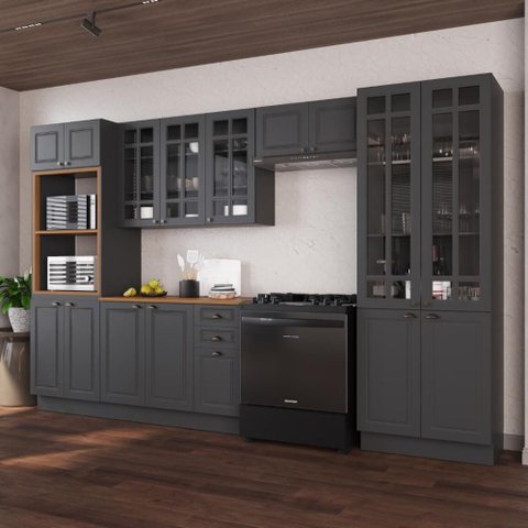 Armário de Cozinha Modulada Completa Fidelitá Nara 100% MDF 5 Peças 350cm 16 Portas 2 Gavetas com
