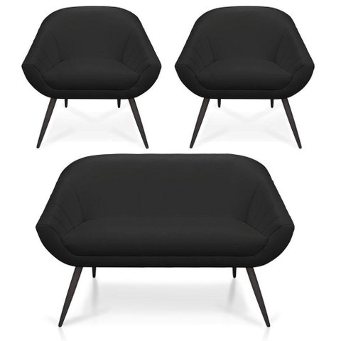 Kit 01 Namoradeira 02 Lugares E 02 Poltronas Giovana Corino Preto Pés Palito De Ferro