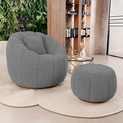 Poltrona Decorativa Concha Fixa com Puff Estilo Abóbora Shell Bouclê Cinza Escuro - Desk Design