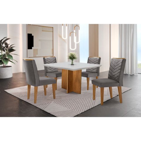 Conjunto Sala de Jantar Mesa Olímpia 90cm Mdf Canto Reto e 4 Cadeiras Liz Moderna