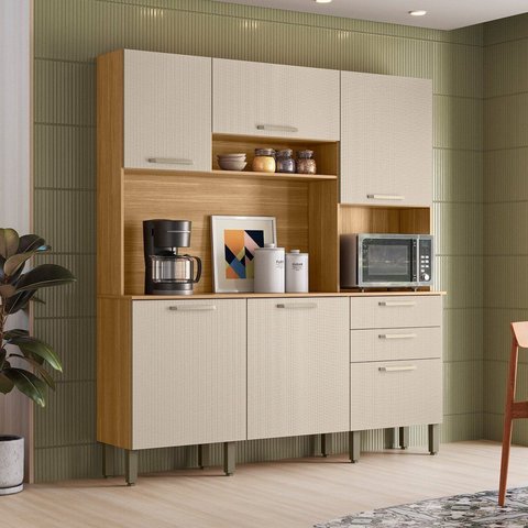 Armário para Cozinha 100% MDF 6 Portas 2 Gavetas Ferrara Plus Bege/Freijó/Soft