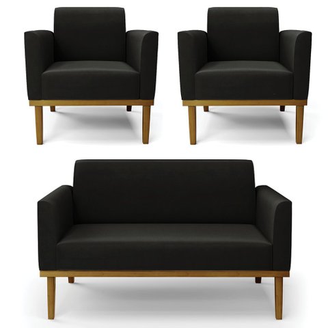 Sofá Namoradeira e 2 Poltronas Base Madeira Castanho Maressa Suede Preto - Ibiza