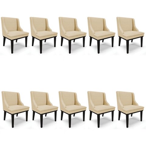 Kit 10 Cadeiras Estofadas para Sala de Jantar Base Fixa de Madeira Preto Lia Veludo Luxo Off White -