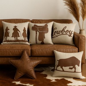 Capa de Almofada em Linho Country Aplique em Couro 50x50cm - Bota