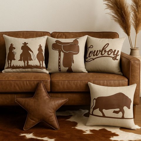 Capa de Almofada em Linho Country Aplique em Couro 50x50cm - Bota