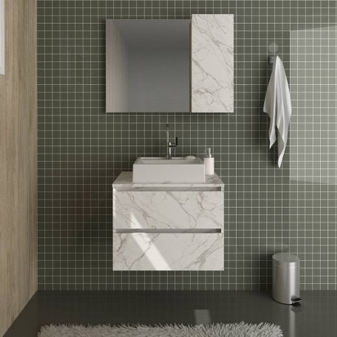 Conjunto Kit para banheiro 80cm com Gabinete espelheira e cuba CJ43018-113 Móvel na Caixa Mármore Br