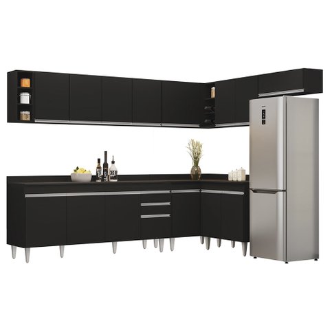 Armário de Cozinha Modulado de Canto 8 Peças Cp26 Balcão com Tampo Preto - Lumil Lumil Móveis